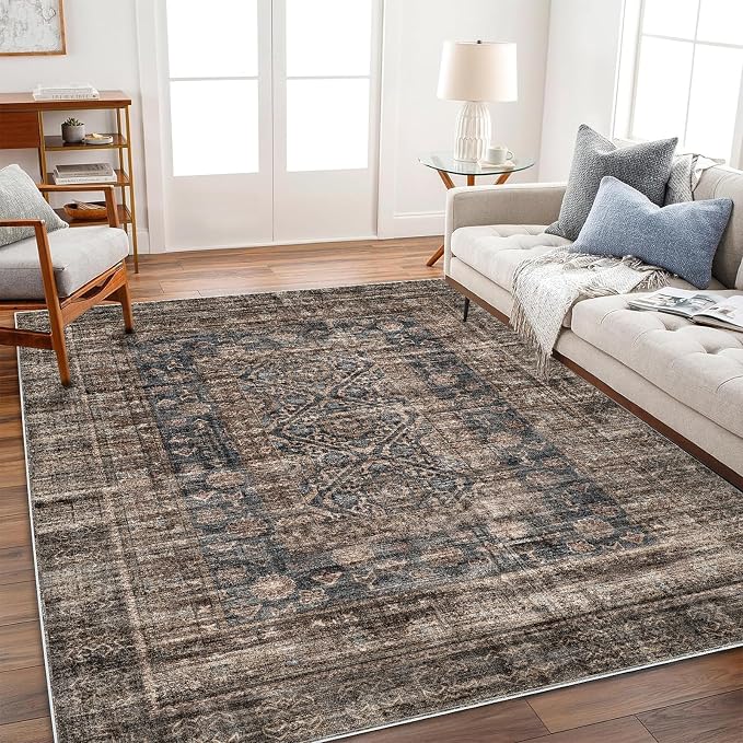 CHAMPLANT Washable Area Rug 4'x6' Vintage Traditional Floor Cover Foldable Thin Rugs Retro Kitchen Indoor Distressed Non Slip Carpet Floral Print Mat Bedroom Living Room