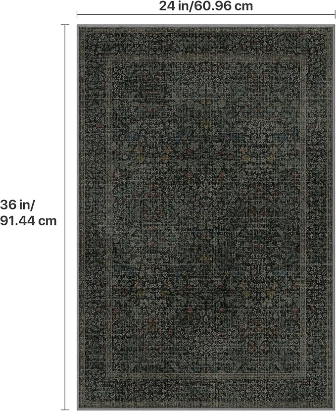 GENIMO 2x3 Washable Kitchen Rug, Non Slip Indoor Door Mat, Charcoal Green | Vintage Boho Floral Low Pile Entryway Mat for Bathroom, Front Door and Laundry Room