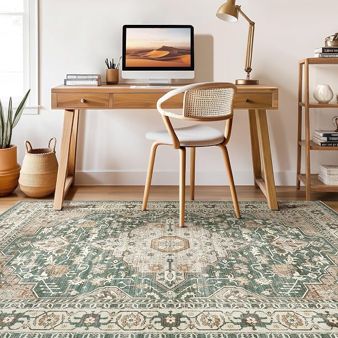 Green Rug Living Room Rugs: 10x13 Washable Boho Large Vintage Soft Stain Resistant Farmhouse Oriental Non-Slip Indoor Floor Carpet for Bedroom Nursery Kids Playroom Office Dining Room Home Decor