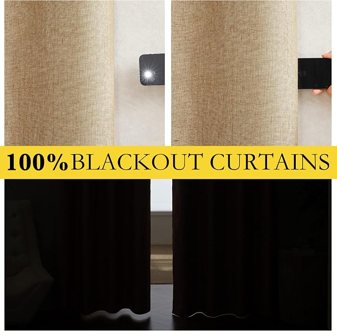 NICETOWN 100% Blackout Camel Linen Curtains 102 inches Length with Thermal Insulated Liners, 2 Panels, 62 inches W, Farmhouse Style Room Cooling Small Window Draperies for Dining Room