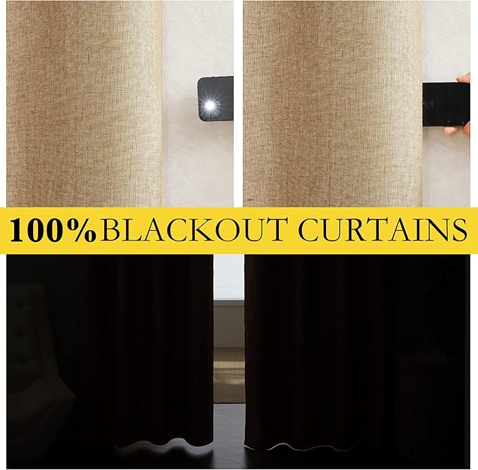NICETOWN 100% Blackout Camel Linen Curtains 120 inches Length with Thermal Insulated Liners, 2 Panels, 62 inches W, Farmhouse Style Room Cooling Small Window Draperies for Dining Room