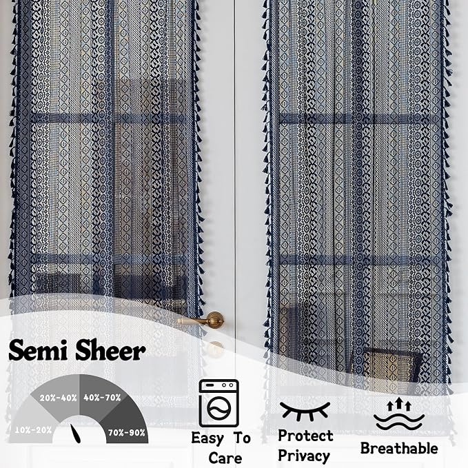 Sutuo Home Navy Blue French Door Curtains for Door Window 72 Inch Length 2 Panels, Farmhouse Semi Sheer Bohemian Tassels Vintage Privacy Drapes Decor for Patio & Sidelights, Rod Pocket 25" W x 72" L