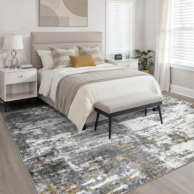 5x7 Area Rugs Living Room: Washable Large Neutral Rug Abstract Soft Modern Stain Resistant Indoor Floor Non-Slip Carpet for Bedroom Nursery Kids Office Playroom Dining Room- Black White Gold