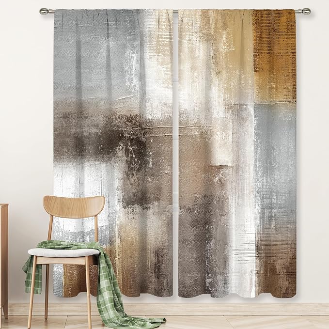 MESHELLY Grey Brown Curtains 52Wx84H Inch Rod Pocket Abstract Vintage Rust Tan Beige Modern Oil Painting Contemporary Bedroom Window Drapes Neutral Earth Tone Printed Living Room Window Treatment
