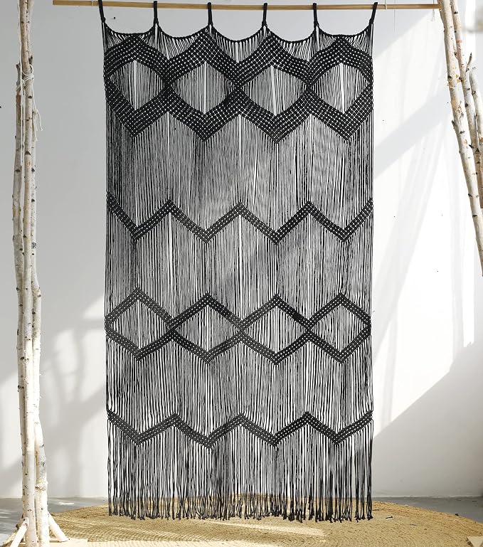 Flber Macrame Curtain Black Boho Window Macrame Doorway Curtain Macrame Wall Decor Bedroom Headboard Decor,42" Wx76 H