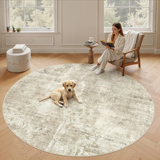 Soalmost 8x8 Beige Gray Round Rug 8ft Living Room Circle Rug Vintage Round Area Rug Non Slip Indoor Carpet for Apartment