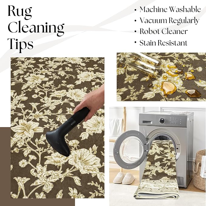 Brown Floral Print Area Rugs for Bedroom Living Room Boho Farmhouse Country Rustic Dining Room Carpet Soft Washable Rugs Non Slip Floor Covering for Nursery Playroom 3x5