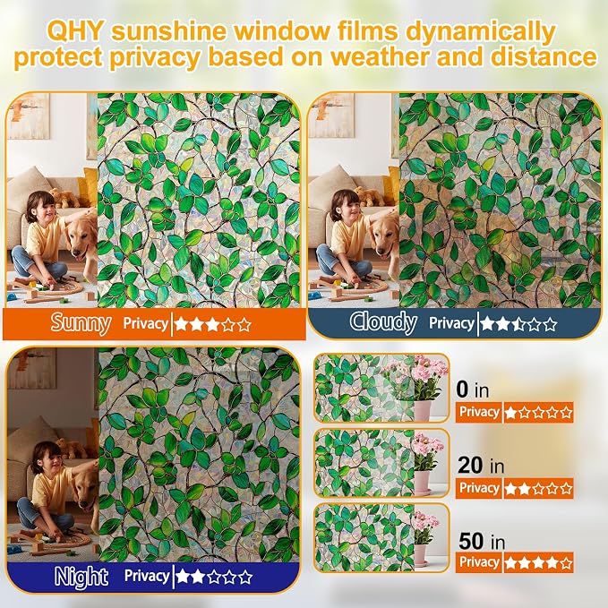 Stained Glass Window Privacy FilmDecorative Rainbow Static Clings -ldeal for Home &Office,Adhesive-Free,Removable, Uv-Blocking(Green Rainbow, 45.2 X 157.4 in)