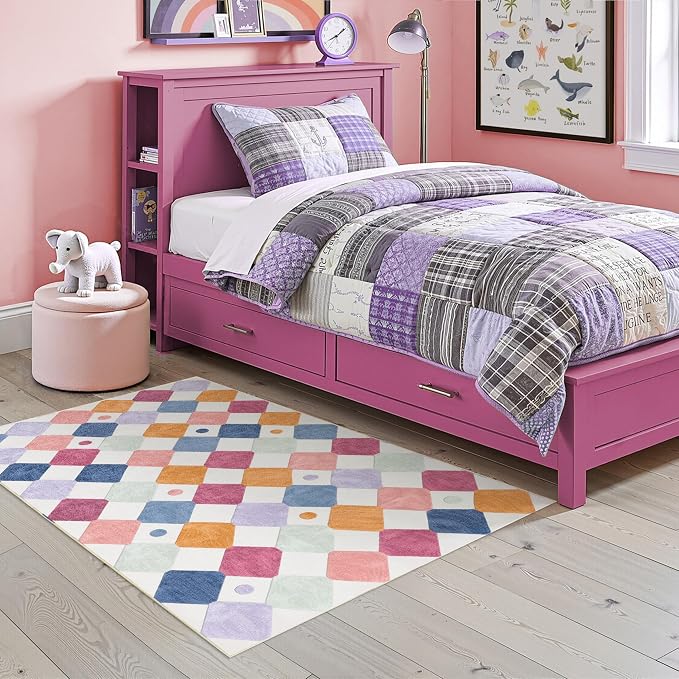 jinchan Macy 4x6 Area Rug for Kids Room Modern Colorful Checkered Diamond Nursery Rug Indoor Washable Soft Non Slip Carpet for Playroom Classroom Bedroom Dorm Daycare Living Room Berries on Cream