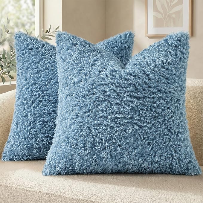 decorUhome Pack of 2 Throw Pillow Covers 24x24 Inch, Faux Fur Decorative Sherpa Pillow Covers Fuzzy Accent Soft Sheepskin Fleece Pillow Cases for Couch Living Room Bed, Light Blue