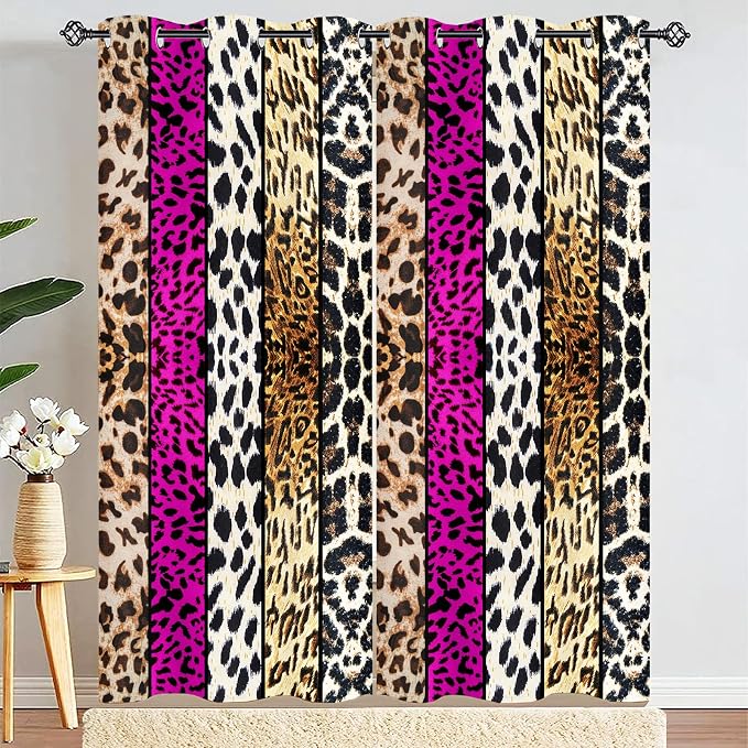 Wild Animal Print Curtain, Room Darkening Thermal Insulated Blackout Leopard Boa Window Drapes with Grommets for Living, Dining, Bedroom, Hot Pink Leopard Print, 42"x 90", 2 Panels