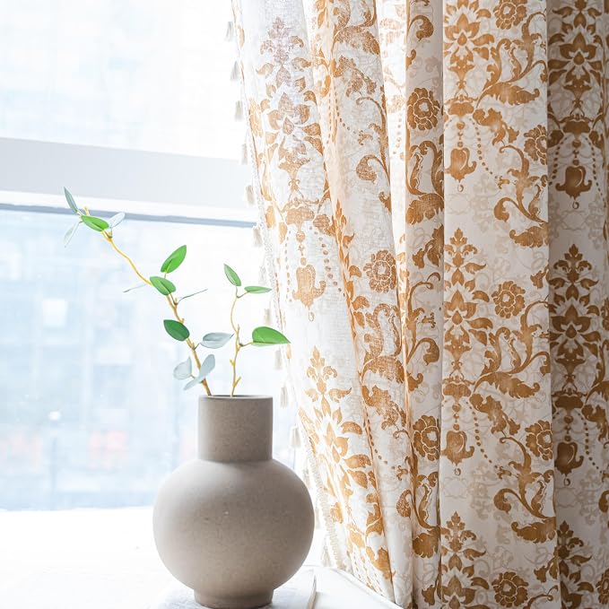 Sutuo Home Boho Curtains 63 Inches Length for Bedroom Living Room, Printed Moroccan Cotton Linen Rod Pocket Rustic Farmhouse Bohemian Tassels Window Treatment, 1 Panel 59" W x 63" L, Brown Damask