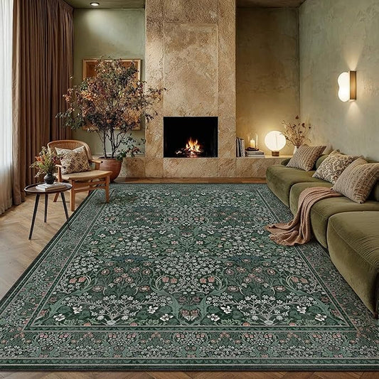 HUGEAR Vintage Floral Machine Washable 8x10 Area Rugs Green Living Room Bedroom Rug Retro Neutral Stain Resistant Non Slip Low Pile Throw Carpet for Home Aesthetic Modern Decor