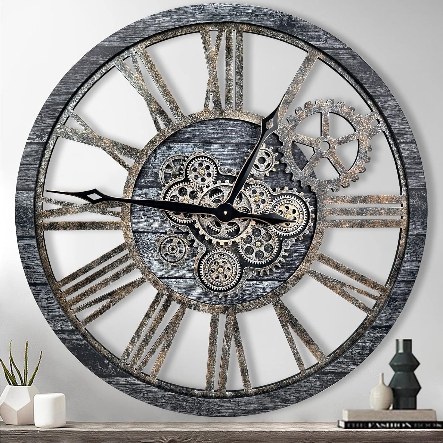 The B-Style Large Real Moving Gears Wall Clock 30 inch Rustic Retro Industrial Farmhouse Wood Clock Oversized Decorative Vintage Wall Clocks for Living Room (Carbon Gray)
