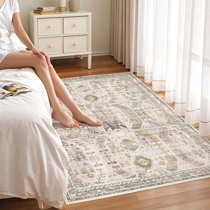 befbee 3x5 Rug, Ultra-Thin Area Rugs for Living Room,Non-Slip Lightweight Washable Rug for Bedroom,Kitchen,Entryway,Stain Resistant Small Carpet (Brown/Gold, 3'x5')