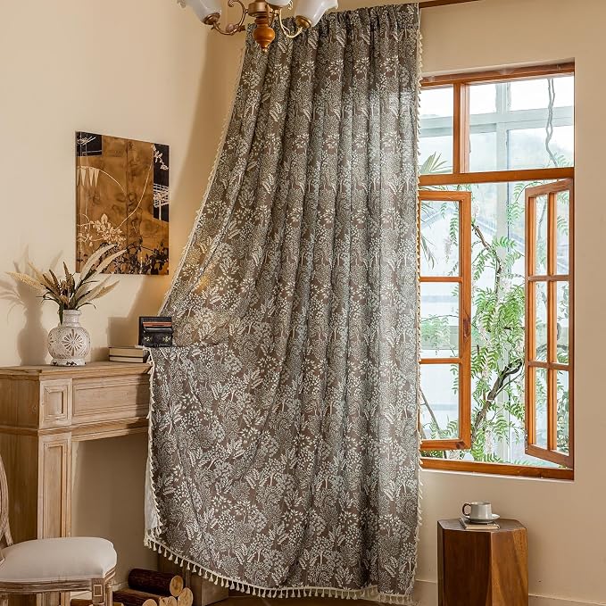OYX Vintage Curtains 96 Inch, Farmhouse Curtain Botanical Drapes with Tassels, Linen Textured Light Filtering Semi Sheer Curtains for Living Room Bedroom,2 Panels,Rod Pocket, 52Wx96L