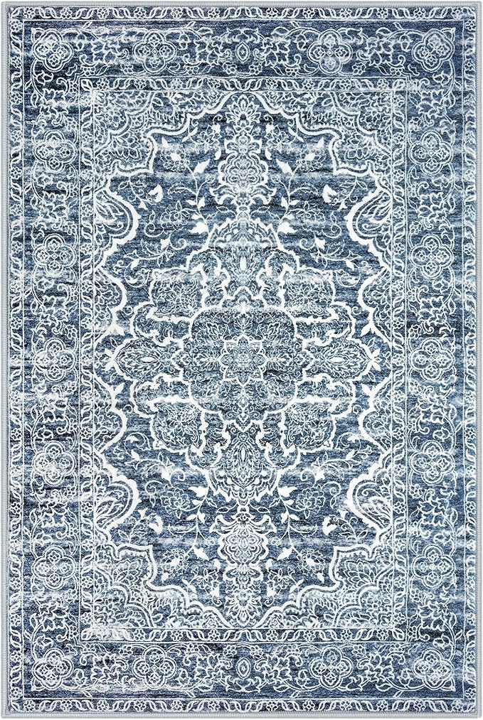 KUTA Modern Floral Area Rug 4x6 Living Room, Washable Printed Vintage Distressed Tribal Blue White Rugs, Non-Slip Dining Room Carpet, Soft Low Pile Cozy Boho Farmhouse Throw for Bedroom