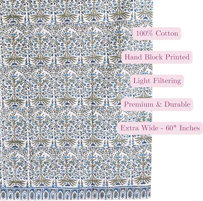 ATOSII 100% Cotton Single Panel Floral Block Print Curtain, Easy Hanging with Rod Pocket & Loop, Living Room, Dining Room, Bedroom Light Filtering Boho Curtains, Set of 1, 60" W X 84" L, Nargis Blue