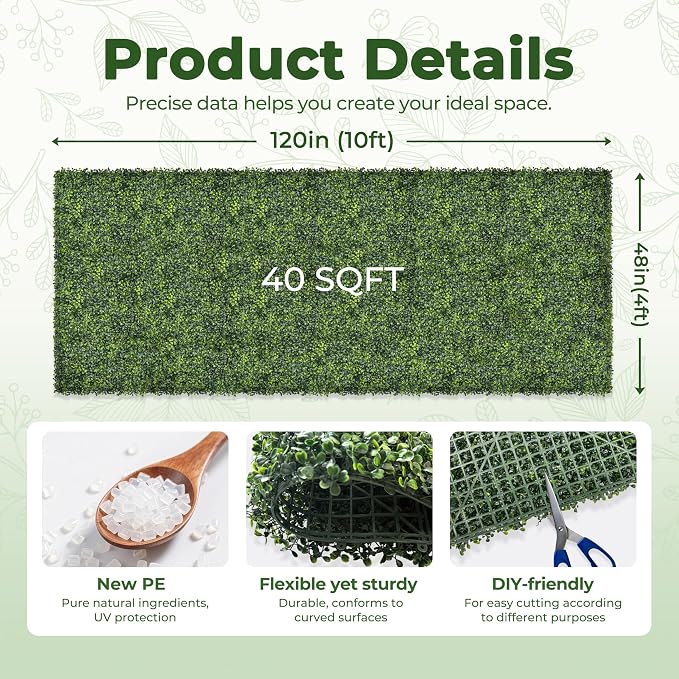 Artificial 48x120 in (40 Sqft) Boxwood Grass Wall Backdrop Roll | UV-Anti Greenery Faux Ivy Hedge Leaf Panels, Privacy Screen, Indoor/Outdoor Green Wall Decor, Patio/Garden Fence Covering