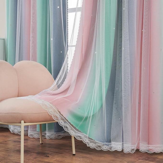 XiDi Curtains for Bedroom Decor, Rainbow Pinkgreen grey34/96