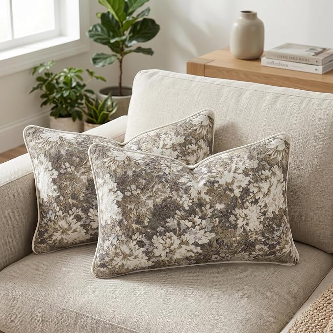Vintage Floral Throw Pillow Covers 12x20 Inches Set of 2 Lumbar Boho Farmhouse Pillow Cases Premium Chenille Textured Decorative Cushion Covers for Couch Retro Garden Farmhouse Style Taupe