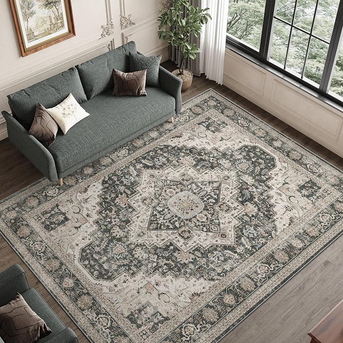 Roxstand Washable Rugs 8x10 Area Rugs for Living Room, Bedroom, Office, Ultra-Thin Anti Slip Backing Rug, Super-Soft Vintage Large Area Rug, Home Decor Farmhouse Rugs (Black/Beige, 8'x10')