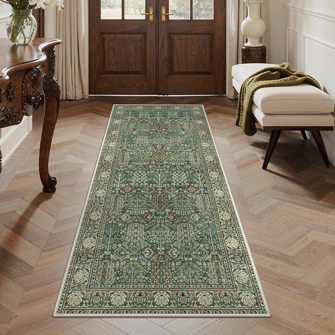 Bavni 2x10 Rug Runners for Hallways, Washable Runner Rug Non Slip,Vintage Floral Print Style Rugs for Bedroom-Lightweight Low Pile Carpet for Hallways Bathroom, Forest Green