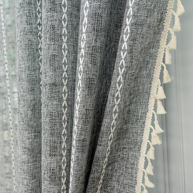 Deeprove Charcoal Grey Boho Curtain 72 inches Length for Living Room Bedroom Nursery, Bohemian 72 inches Long, Geometric Stripe Embroidery Privacy Window Tassel Decorative W52 x L72, 1 Panel