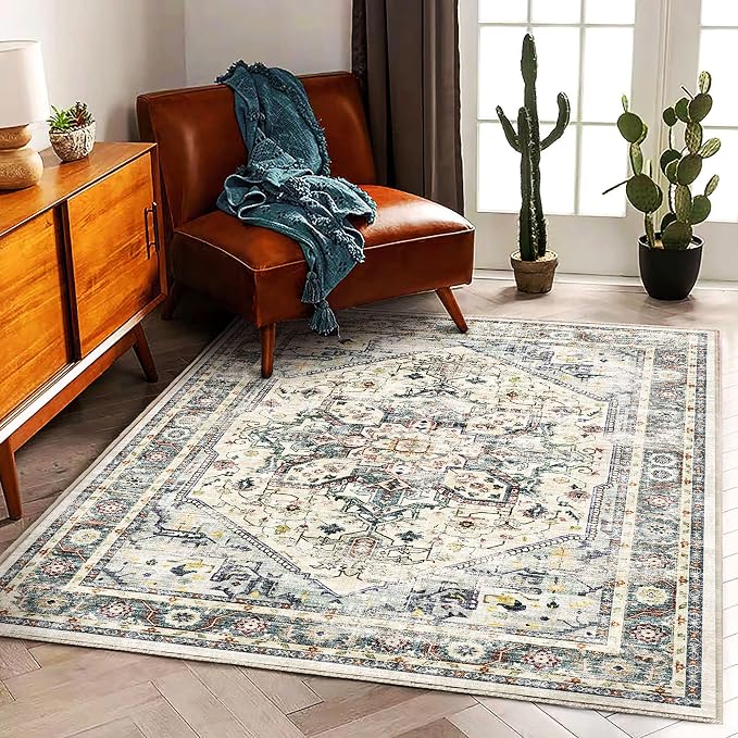 CHAMPLANT Area Rug 6'x9' Cyan Khaki Washable Vintage Traditional Floor Cover Thin Retro Kitchen Indoor Distressed Non Slip Carpet for Living Room Bedroom Dining Room