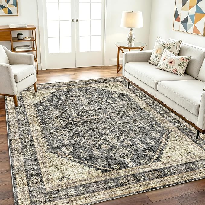 CHAMPLANT Washable Area Rug 10'x14' Boho Design Non-Shedding Easy Care Ideal for High Traffic Areas in Living Room Bedroom Office Coffee Table Kitchen Large Carpet
