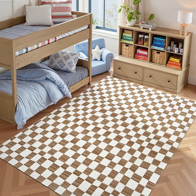 jinchan 6x9 Brown Checkered Area Rugs for Kids Room - Machine Washable Rug Modern Neutral Geometric Lattice Soft Non-Slip Carpet for Nursery Playroom Classroom Living Room Bedroom Home Office
