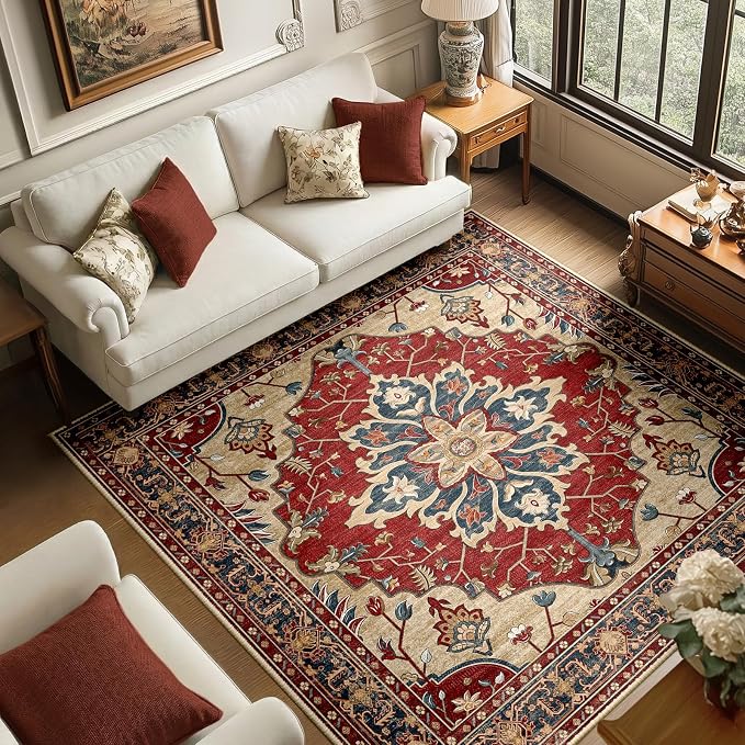 RELEANY Area Rugs Square 6ft Washable Non-Slip, Floral Vintage Distress Medallion Carpet for Living Room Bedroom Dining Room, Red Blue