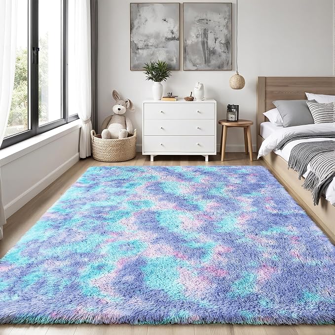 Rainbow Fluffy Rugs for Girls Bedroom: 6x9 Large Shag High Pile Area Rug Upgrade Non-Slip Plush Fuzzy Living Room Rug Shaggy Soft Indoor Floor Carpet Nursery Rugs for Kids Baby Toddler Home Decor