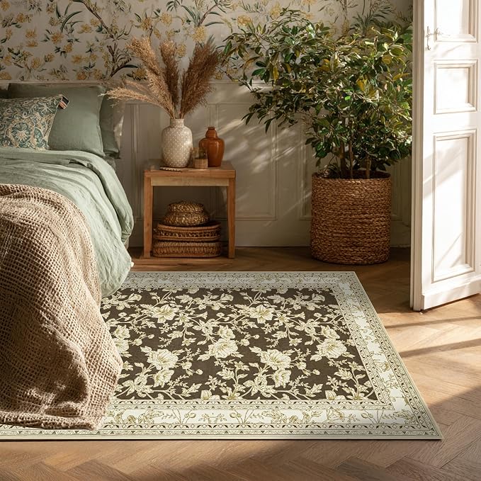 Floral Boho Rug 4x6 Washable Non Slip Area Rug Bohemian Carpet Door Mat Brown Beige Floral Distressed Modern Farmhouse Sketch Style Flower for Bedroom Foldable 4x6 for Entryway Living Room