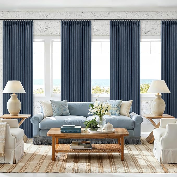 100% Black Out Curtains 80 Inch Length 2 Panels Pinch Pleated Back Tab Navy Blue Heat Blocking Window Boho Farmhouse Living Room Darkening Curtains Textured Linen Blackout Drapes for Bedroom