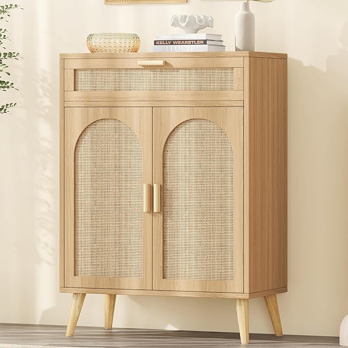 Keehusux Rattan Storage Cabinet with Drawer and 2 Doors, Accent Sideboard Buffet Cabinet with Adjustable Shelf, Solid Wood Feet, Coffee Bar for Kitchen, Living Room, Entryway, Natural Oak