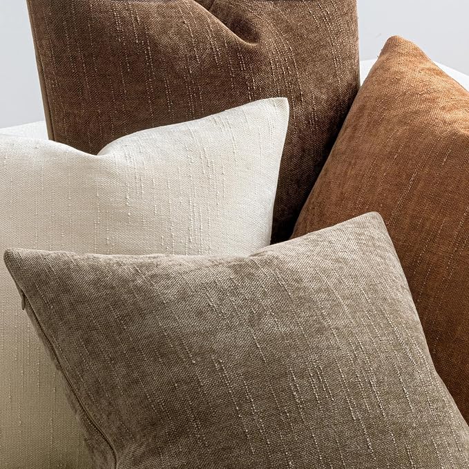 MIULEE Pack of 4 Fall Decorative Throw Pillow Covers 24x24 Inch Chenille Textured Throw Pillows Boho Farmhouse Cushion Covers Vintage Home Decor for Couch Sofa Bed Living Room，Beige Taupe Brown