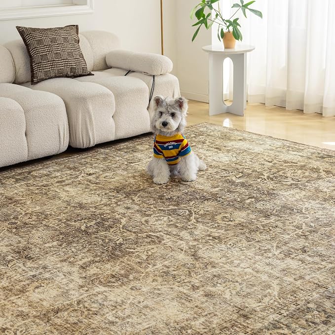 FMFUNCTEX 9x12 Washable Area Rug Brown Vintage Neutral Distressed Large Non Slip Carpet for Living Room Bedroom Soft Low Pile Indoor Mat Retro Floral Throw Rug for Dining Room Kitchen Office Nursery