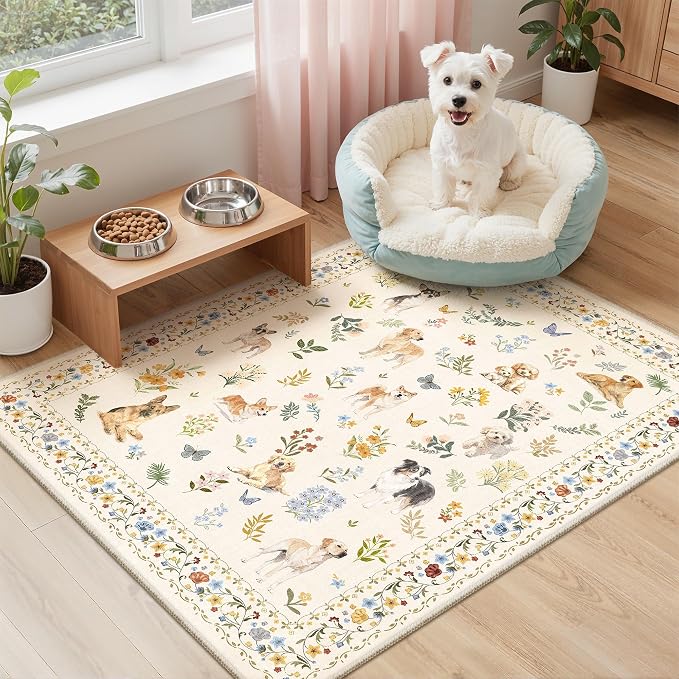Soalmost 2x3 Dog Rugs for Entryway, Machine Washable Door Mat Animal Floral Small Area Rug Non-Slip Low Pile Soft Throw Rugs for Entrance Kitchen Indoor Front Door Kids Room (2 x 3,Beige)