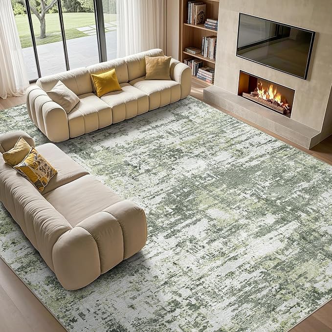 Tortania Area Rug Living Room Rugs - 7x9 Modern Abstract Neutral Large Soft Thin Rugs - Non Slip Indoor Carpet for Bedroom Dining Room Office Nursery Home Floor Decoration - Green