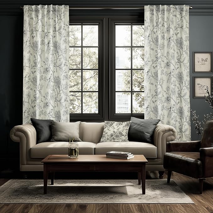 Toile French Country Curtains,Semi Blackout Cream and Black Floral Unique Modern Farmhouse Classic Curtains for Living Room Bedroom 84 Inches Long
