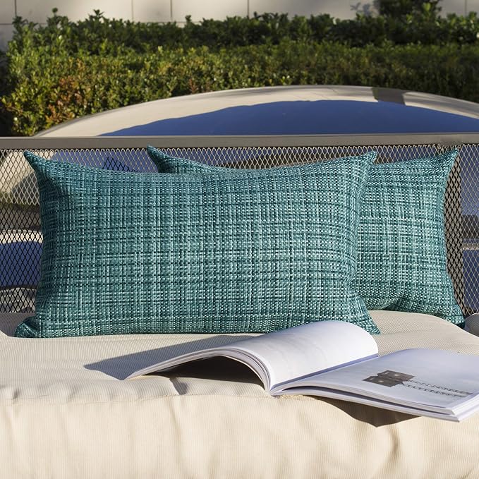 Kevin Textile Outdoor Waterproof Throw Pillow Covers 14x24 Inch Pack of 2 Woven Faux Linen Farmhouse Decorative Water Resistant Lumbar Cushion Covers for Tent Patio Garden Couch Sofa Teal