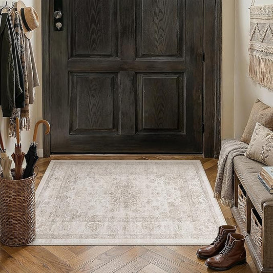 PureCozy Beige Area Rug 2x3 Washable Vintage Entryway Carpet Non Slip Soft Low Pile Distressed Medallion Door Mat Indoor Retro Throw Small Rug for Bathroom Kitchen Office Bedroom Dining Room