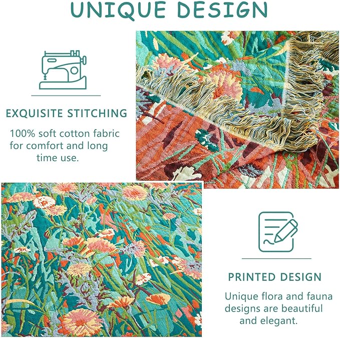 Boho Throw Blanket - 90"x108" 100% Cotton Ultra Soft Lightweight Spring Blanket, 4-Layer Breathable Muslin Blankets for Bed Couch, Reversible Green Floral Printed Bohemian Cotton Quilt
