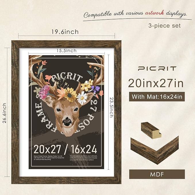 Picrit 20x27 Picture Frame 3 Pack, Wooden Brown Rustic Puzzle Frame, Display Poster 16 x 24 with Mat or 20 x 27 without Mat for Horizontal or Vertical Wall Mounting