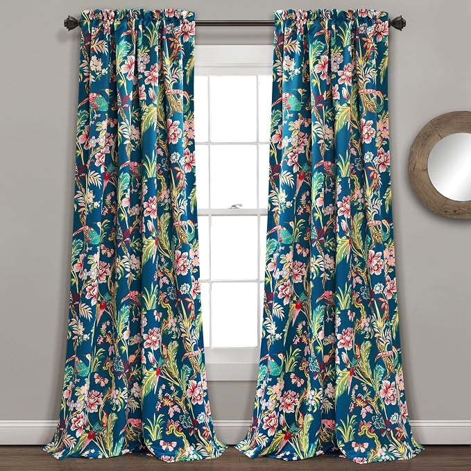 Lush Decor Dolores Light Filtering Window Panels, Pair, 52" W x 95" L, Navy & Multi - Floral Curtains for Bedroom - Vintage Curtains - Coquette Room Decor