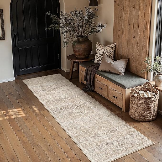 HUGEAR 2x8 Runner Rugs Machine Washable Retro Beige Hallway Entryway Rug Distressed Vintage Neutral Stain Resistant Non Slip Low Pile Throw Carpet for Home Aesthetic Decor