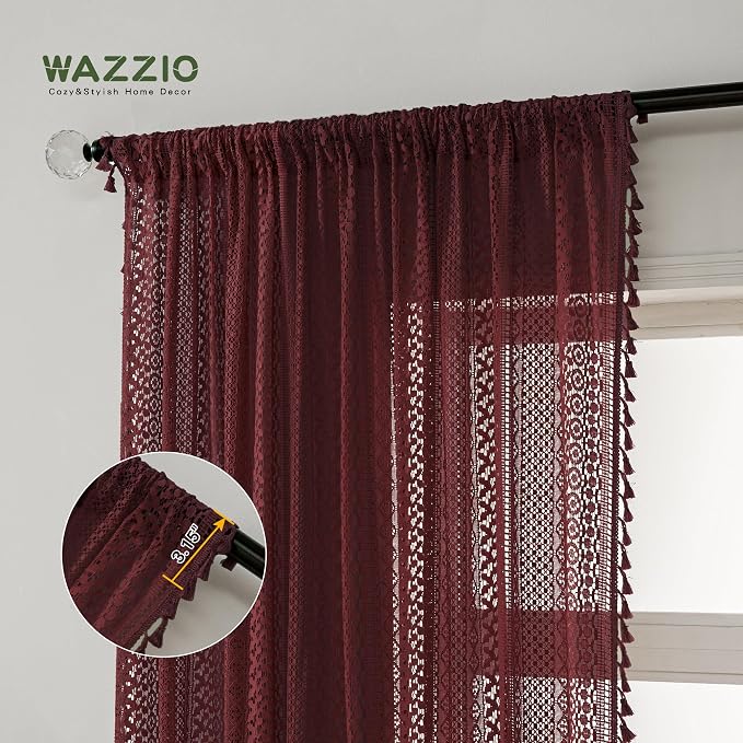 WAZZIO Boho Lace Curtains 84 Inches 2 Panel,Light Filtering Privacy Tassel & Geometry Crochet Semi Sheer Curtain Drapes for Bedroom Living Dining Room,Rod Pocket & Tassel,Burgundy Red
