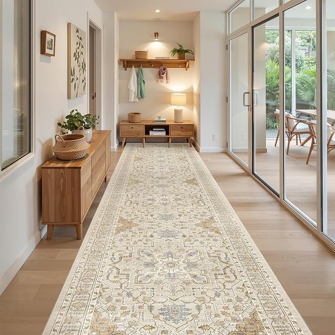 Madane Hallway Runner Rug 3x14 Washable Kitchen Runners Long, Beige/Blue | Vintage Non-Slip Wide Area Rugs 14ft for Entryway, Soft Thin Low-Pile Farmhouse Indoor Floor Carpet for Living Room Bedroom