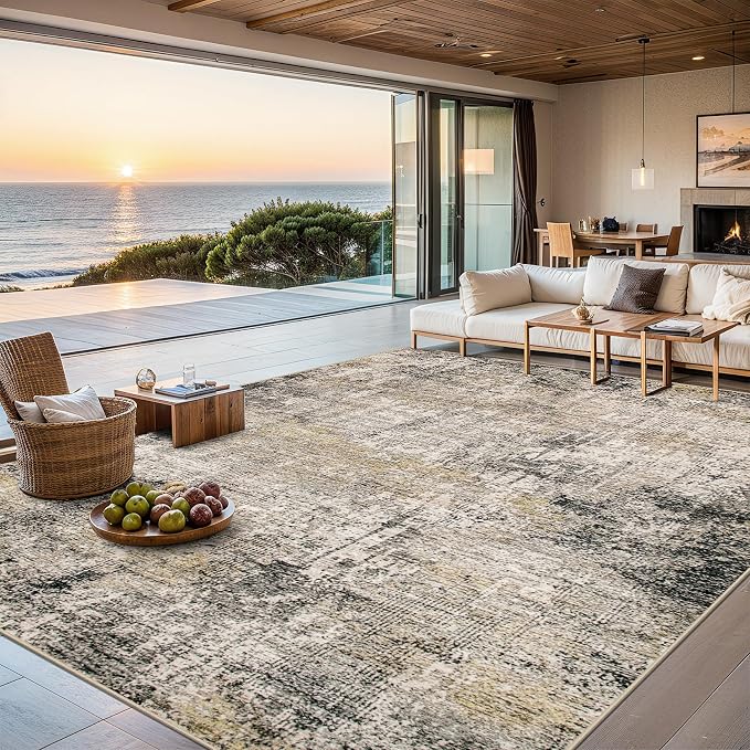 Area Rugs Living Room Rug - 5x7 Washable Modern Abstract Soft Neutral Non-Slip Carpet Large Indoor Floor Thin Carpets for Bedroom Dining Room Farmhouse Nursery Home Office Brown Black Grey